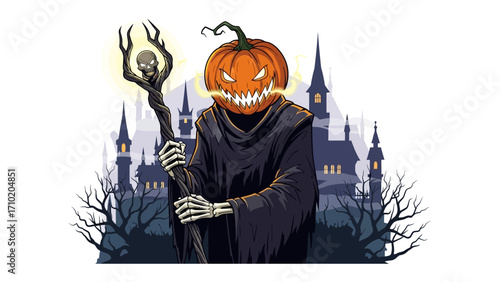 Spooky Jack-o'-Lantern: In a chilling scene, a pumpkin-headed figure with glowing eyes and a menacing grin stands before a silhouetted haunted house, holding a skeletal staff.