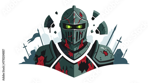 Knightly Valor: A digital illustration of a fearless knight, armored and battle-worn, stands resolute amidst the chaos of conflict. Green glowing eyes symbolize determination