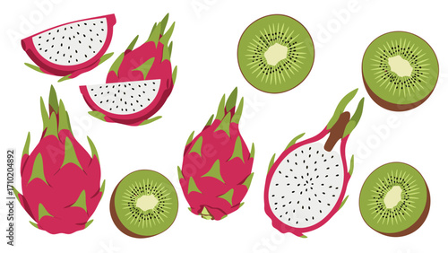 Vibrant Dragon Fruit and Kiwi Collection. Whole and Sliced Exotic Tropical Fruits Illustration.
