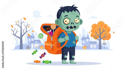 Spooky Halloween Treat: A whimsical illustration depicts a friendly zombie child, with a vibrant, oversized backpack brimming with Halloween treats, strolling through a stylized neighborhood.