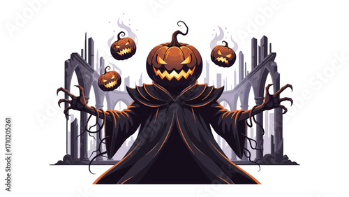 The Enigmatic Pumpkin King: A mesmerizing illustration of the Pumpkin King, emanating an aura of dark enchantment and mystery. With his imposing presence and the floating jack-o'-lanterns.