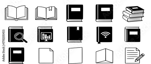 book icon set vector. Digital library booklet brochure flyer icon set illustration