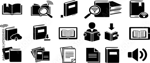 book icon set vector. Digital library booklet brochure flyer icon set illustration