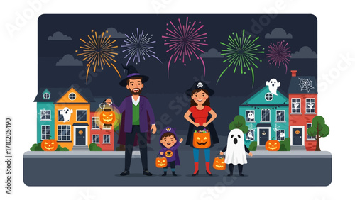 Halloween Gathering: A charming Halloween illustration depicts a family of four, along with a friendly ghost, joyfully trick-or-treating on a moonlit street.