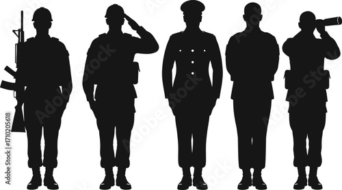 Military personnel silhouette vector, soldier poses illustration, rifle salute, binoculars, formal uniform, attention stance, defense tribute, army icons, black graphic