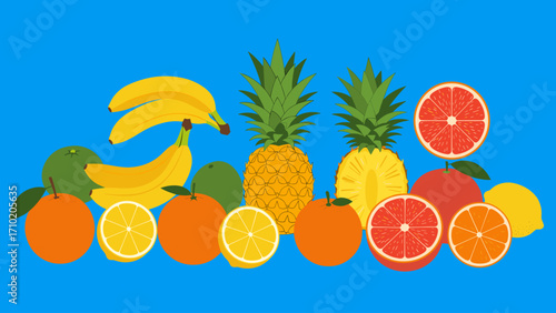 Diverse Flat Design Fruit Collection: Tropical & Citrus Fruits Illustration on Blue Background