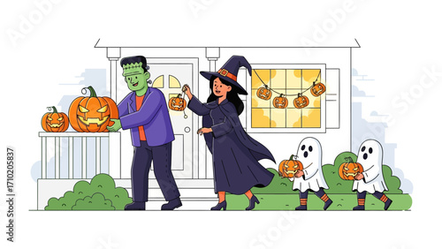 Spooky Gathering on Halloween: A whimsical and colorful illustration depicts a spirited Halloween scene. The image showcases costumed figures.