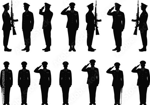 Military personnel silhouette, soldier saluting vector, honor guard illustration, army parade formation, ceremonial uniform, black shadow figures, defense tribute graphic, isolated icons