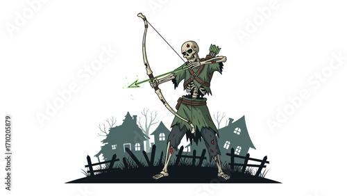 Ghost Archer: A spectral archer, skeletal and ethereal, draws back his bow with precision against a backdrop of haunted houses and foreboding silhouettes.