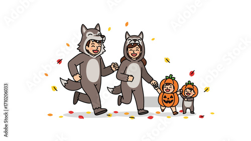 Happy Halloween Costume Run: A family of four, adorned in playful Halloween costumes, joyfully skips through a whimsical world of falling autumn leaves.