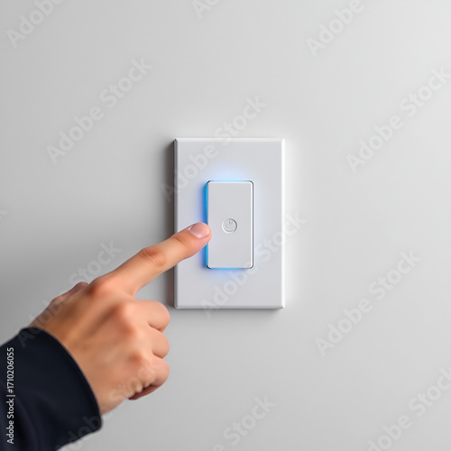 A smart light switch with an occupancy sensor is approached by a fingertip, set on a clean matte wall.