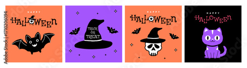 Halloween vector set features cute hand-drawn doodles, including a witch hat, a bat, a skull, and a purple cat. Spooky, fun, and festive vibes. Design for banners, posters, greetings, web, party ads. 