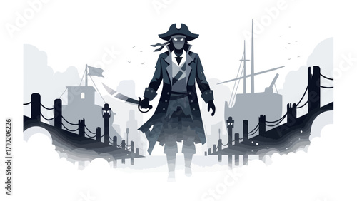 Pirate's Resolve: A resolute pirate, adorned in a classic tricorn hat and armed with a cutlass, strides confidently across a weathered pier towards a vessel.