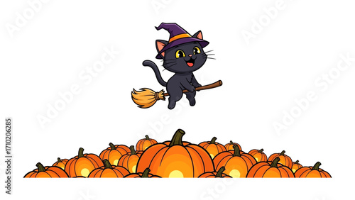 Whimsical Halloween Kitty: A charming cartoon of a black cat, donned with a witch's hat and perched atop a broom, floats above a collection of plump pumpkins, all set against a light background
