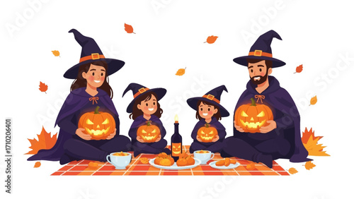 Spooky Family Halloween Gathering: A family dressed in witch attire, illuminated by carved pumpkin lanterns, enjoying a cozy picnic under the autumn leaves. A heartwarming scene of unity, fun.