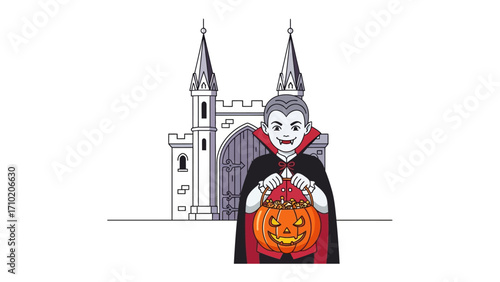 Vampire and Castle: A spooky cartoonish vampire with a pumpkin bucket stands in front of a haunted castle on halloween night, embodying the spirit of fun and festivity.