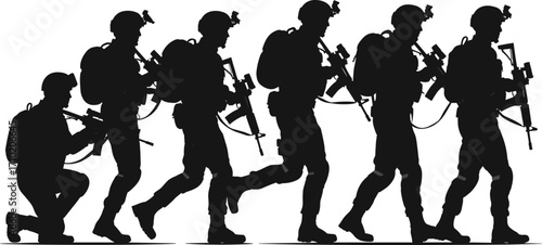 Military soldier silhouettes, tactical poses, armed forces vector, night vision gear, rifle action, combat readiness, black illustration, Adobe Stock content