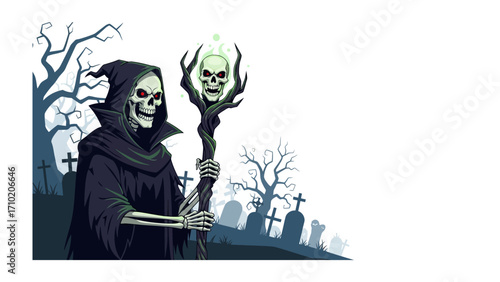 Grim Reaper with Bone Staff: A detailed digital illustration of a Grim Reaper figure in a dark hooded cloak, clutching a bone staff with an eerie glowing skull, amid a graveyard.