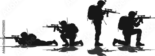 Military soldier silhouette, tactical stance, rifle aiming, combat posture vector, armed forces illustration, battlefield motion, war training graphic, defense icon, black figure
