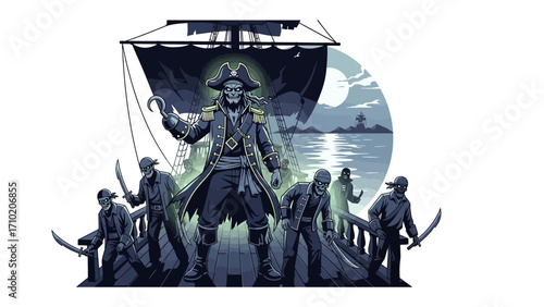 Sea Raider's Phantom: A spectral captain stands resolute aboard his ship, flanked by a ghostly crew, illuminated by an eerie, ethereal glow under a moonlit sky.