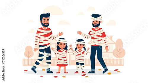 Halloween Mummy Family: A creative illustration captures the spooky spirit of Halloween, showcasing a family humorously adorned as mummies, ready for trick-or-treating. 