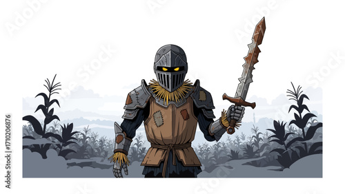 Mysterious Knight in the Field: A formidable knight, fully armored and holding a rusty sword, stands firm in a misty field, his gaze resolute. A stoic presence with an air of historic intrigue.