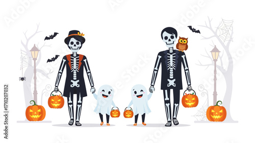 Halloween Family Night Out: Two parent skeleton figures, accompanied by two cute ghost figures, parade on halloween night.