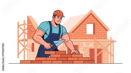 Construction Worker with Home in Progress: A skilled construction worker diligently lays bricks, building a promising home. Symbolizing the spirit of creation, the image embodies progress.