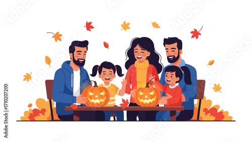 Autumn Family Bonding: A lively family unites around a table, joyfully carving jack-o'-lanterns amidst falling leaves, capturing the essence of autumnal traditions.