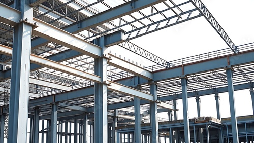 Industrial construction site with steel beams and columns, highlighting modern architectural progress.