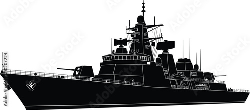 Modern naval warship silhouette, military destroyer vector, radar system, missile launcher, maritime defense, combat ship illustration, Adobe Stock content, black graphic