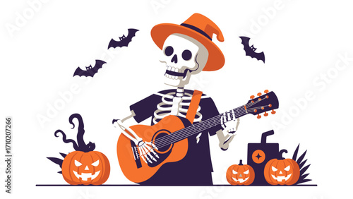Halloween Guitar Serenade: A charming illustration of a skeleton, donning an orange hat, strumming a guitar amidst spooky Halloween decorations.
