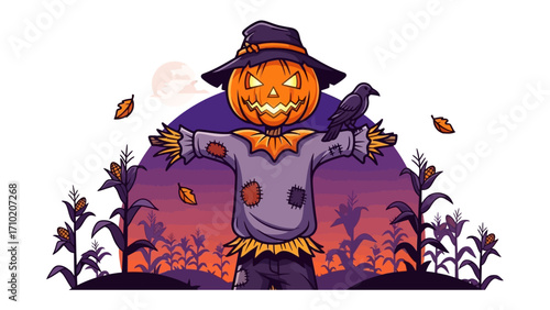 Spooky Scarecrow on Halloween: The iconic scarecrow with a jack-o'-lantern head watches over a mysterious field, embodying the essence of Halloween with spooky and delightful ambiance. 