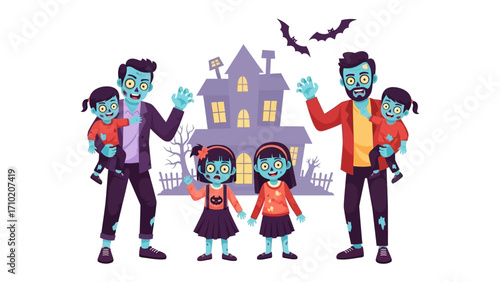 Happy Halloween: A creatively drawn illustration of families celebrates Halloween with unique costumes, against the backdrop of a haunted house and the eerie night sky.