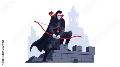 Shadow Archer: A gothic archer in a dramatic pose atop a castle wall. The illustration captures the essence of fantasy and adventure, showcasing a character ready for action.
