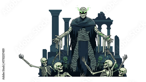 Ancient Deity: A regal figure, veiled in mystery, presides over a collection of spectral skeletons. Their animated forms add a touch of the spectral to the scene.