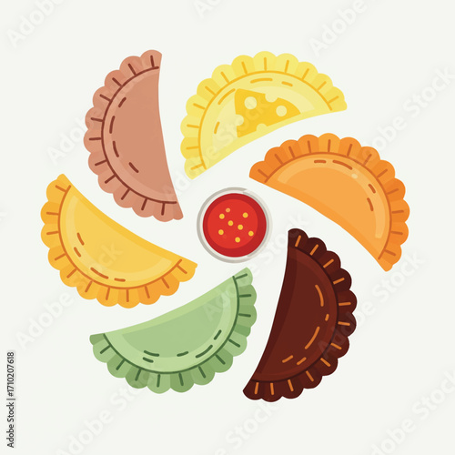 colorful empanadas variety with dipping sauce illustration