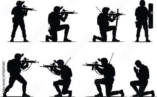 Tactical soldier silhouette vector, armed forces combat pose, rifle stance illustration, military readiness icons, shield, scope, kneeling, aiming, praying graphic