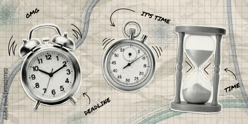 Vintage collage cut out clocks in halftone effect. Concept time, time management, deadline.