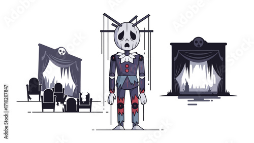 Sad Puppet on Stage: A melancholic puppet stands center stage, strings dangling, in a stylized illustration depicting a theater setting.