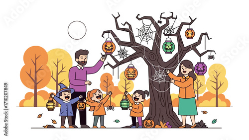 Family Halloween Decoration: A family decorates a spooky tree with Halloween lanterns, surrounded by autumnal foliage and a full moon in a vibrant illustration, celebrating the spirit of the season.