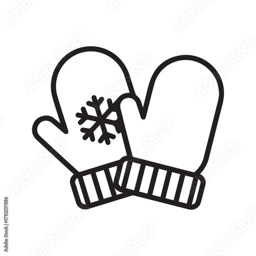 Pair of warm winter mittens with snowflake design. Simple black and white line art icon. Vector illustration for Christmas, holiday, and cold weather apparel.
