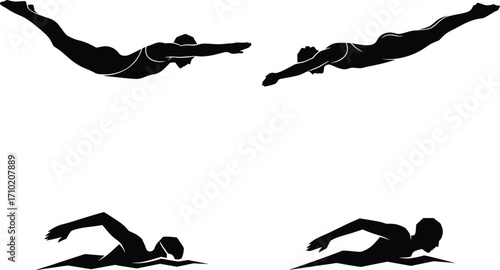 Swimming silhouette vector, diving pose, freestyle stroke, competitive swimmer icon, aquatic sport illustration, black figure, water motion, dynamic athlete graphic, pool action