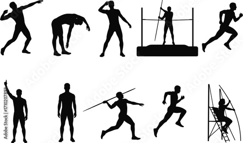 Track and field athlete silhouette set, dynamic sports poses, running, jumping, throwing actions, vector illustration for training, design, competition, and education