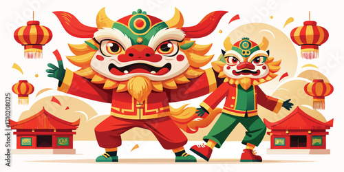 Charming cartoon dragon dance performers with traditional lanterns and pagodas