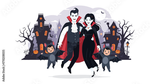 Spooky Halloween Family: A cartoon image captures a family dressed in costume, full of the Halloween spirit, against a haunted backdrop. A true celebration of seasonal fun.