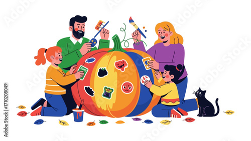 Family Pumpkin Painting: A family collaboratively paints a giant pumpkin with colorful stickers, brushes and paints, fostering creativity, autumn, and the warmth of shared activity.