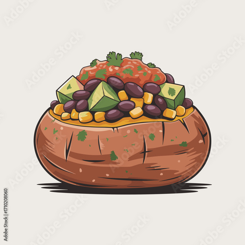 Stuffed Sweet Potato with Avocado and Beans Illustration