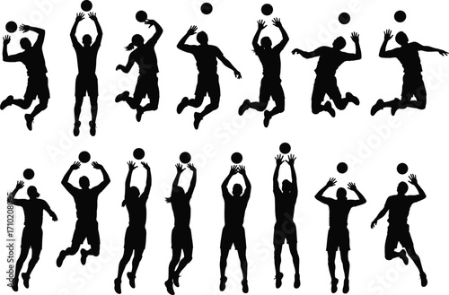 Volleyball player silhouette set, dynamic airborne poses, spike, block, and set actions, sports vector illustration for training, design, and educational content