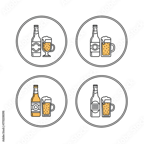 Vector art of four circular beer icons, showcasing a bottle and a glass of beer in a minimalist and modern design style